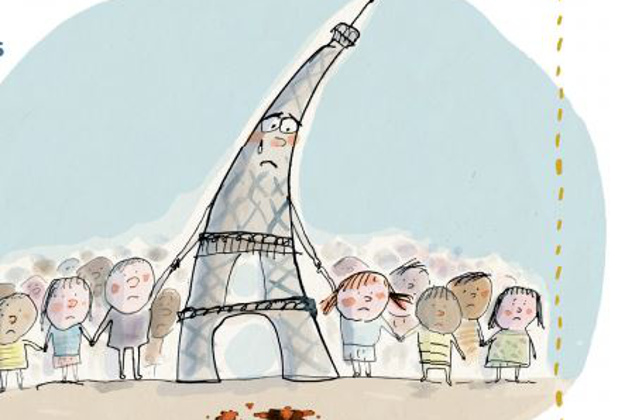 A crying Eiffel Tower mourns the Paris  victims in an educational leaflet for children