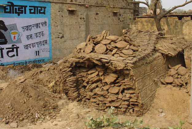 Cow dung saved and shaped in Rajasthan.