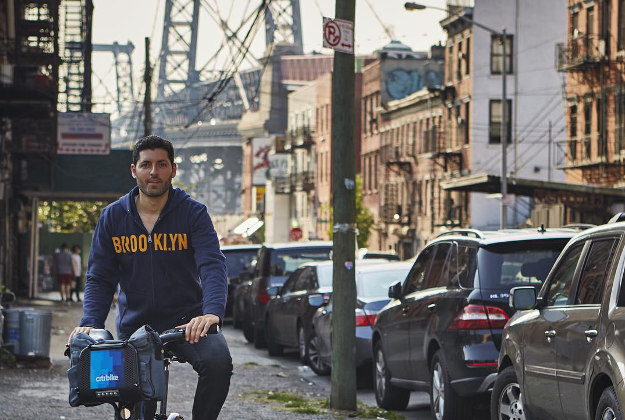 Jeffrey Tanenhaus in his native Brooklyn where he picked up his Citibike